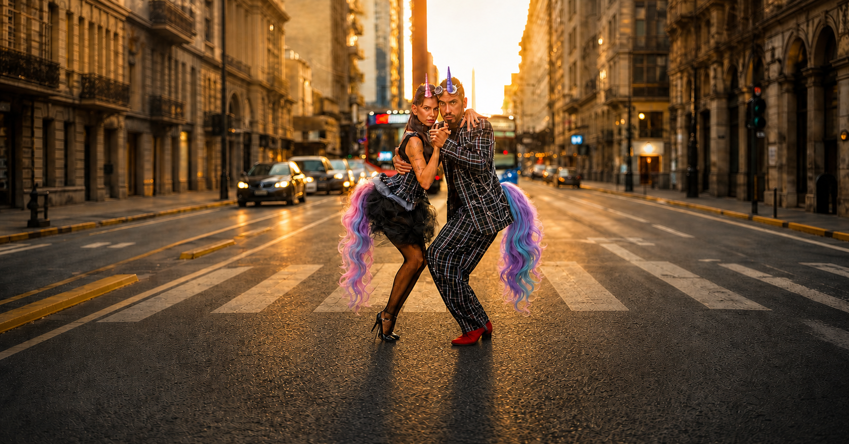 Yanina Muzyka and Emmanuel Casal dancing tango in a Riga street surrounded by unicorn imagery